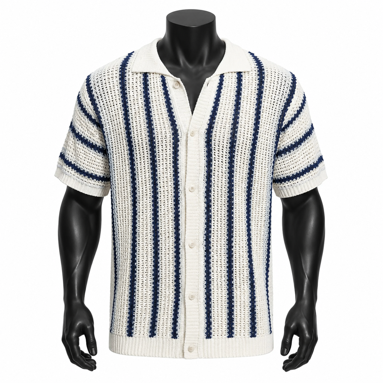 VAREN FORM Striped Resort Knit Camp Shirt in Ivory Blue Stripe for men's gym-to-street wear