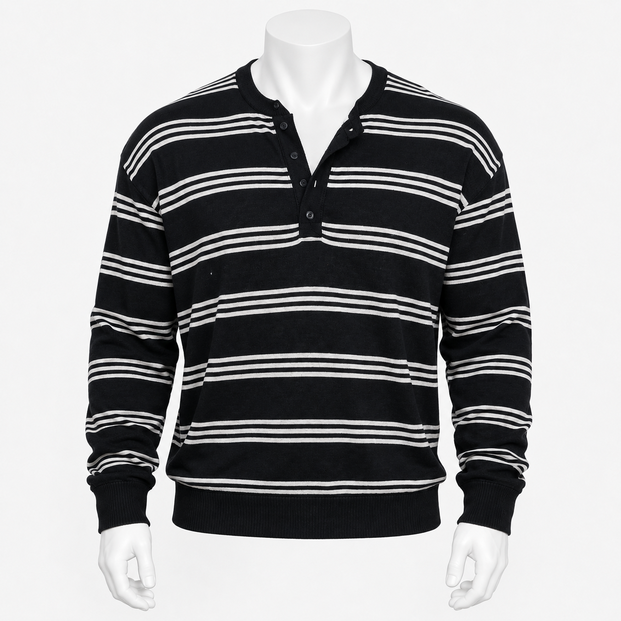 VAREN FORM Textured Stripe Long Sleeve Polo Shirt in Black White Stripe