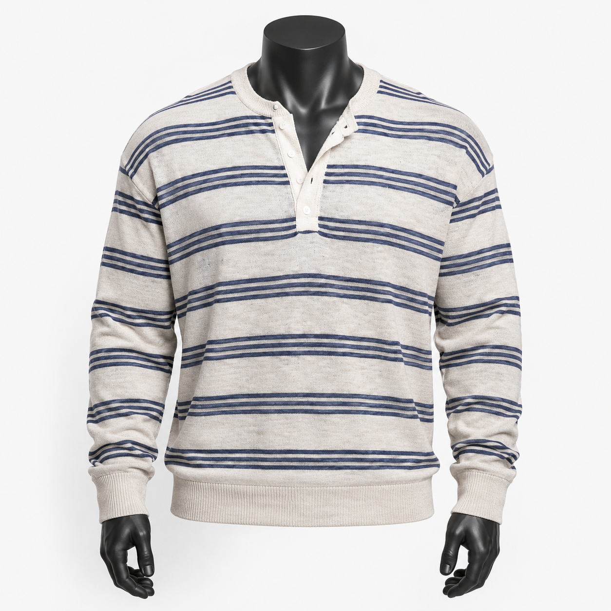 VAREN FORM Textured Stripe Long Sleeve Polo Shirt in Cream Navy Stripe for men's gym-to-street wear
