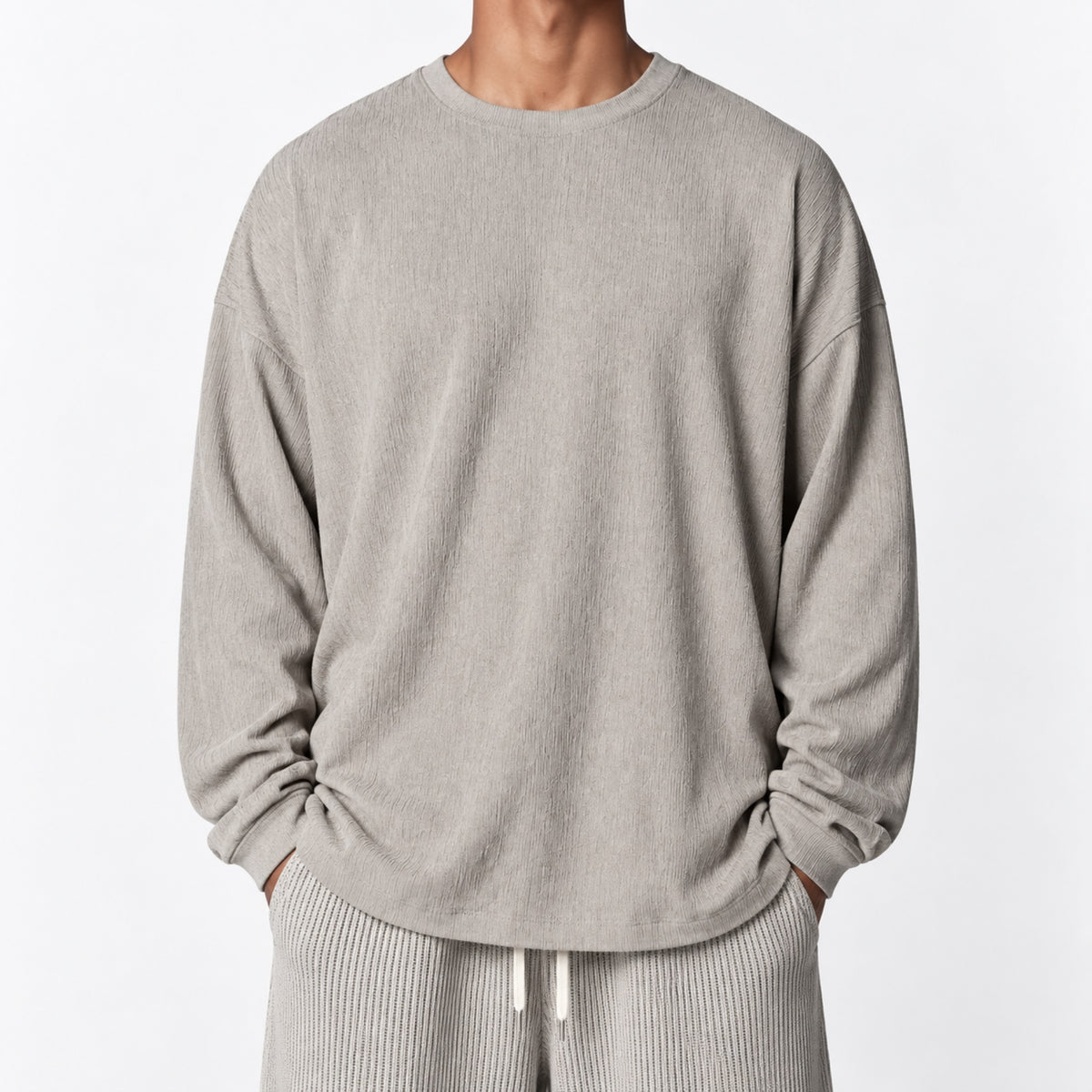 Men's Textured Oversized Long-Sleeve T-Shirt in gray - worn view