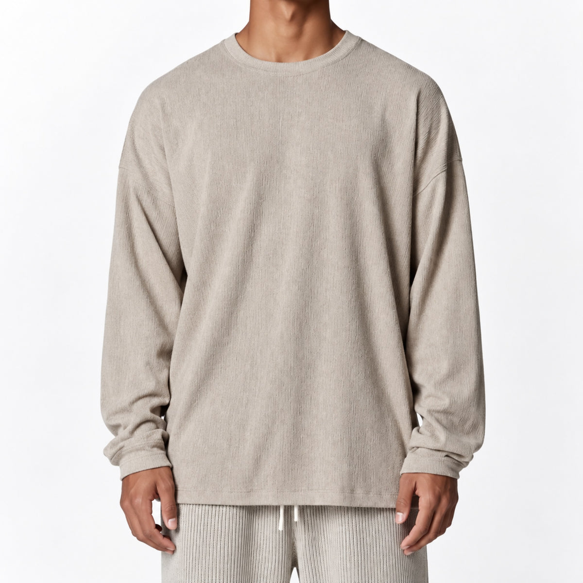 Men's Textured Oversized Long-Sleeve T-Shirt in oat - worn view