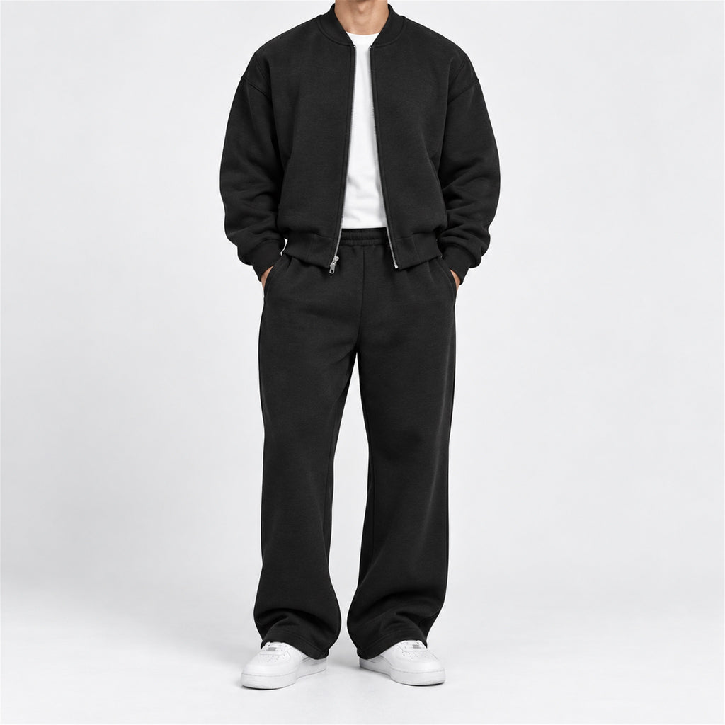 Men's Cropped Padded Bomber & Sweatpants Set in black - worn view
