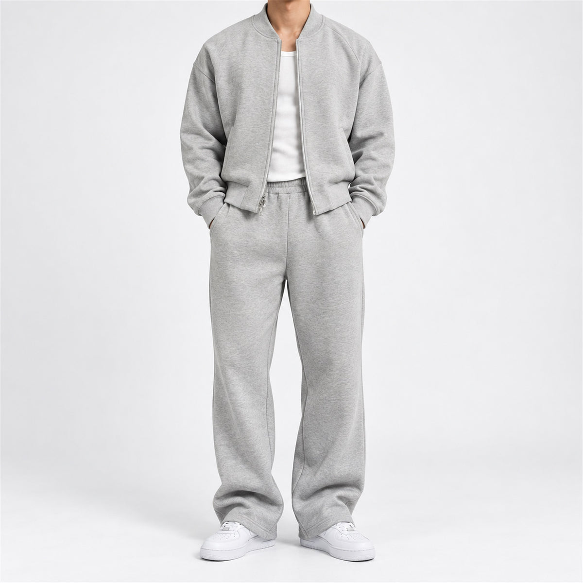 Men's Cropped Padded Bomber & Sweatpants Set in gray - worn view