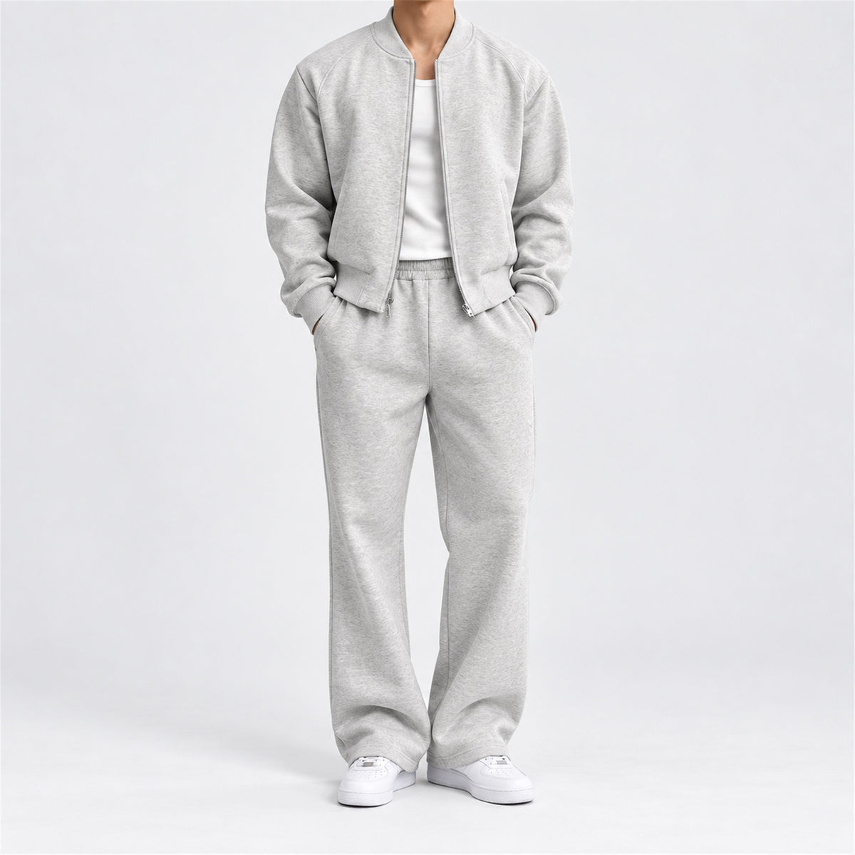 Men's Cropped Padded Bomber & Sweatpants Set in white - worn view