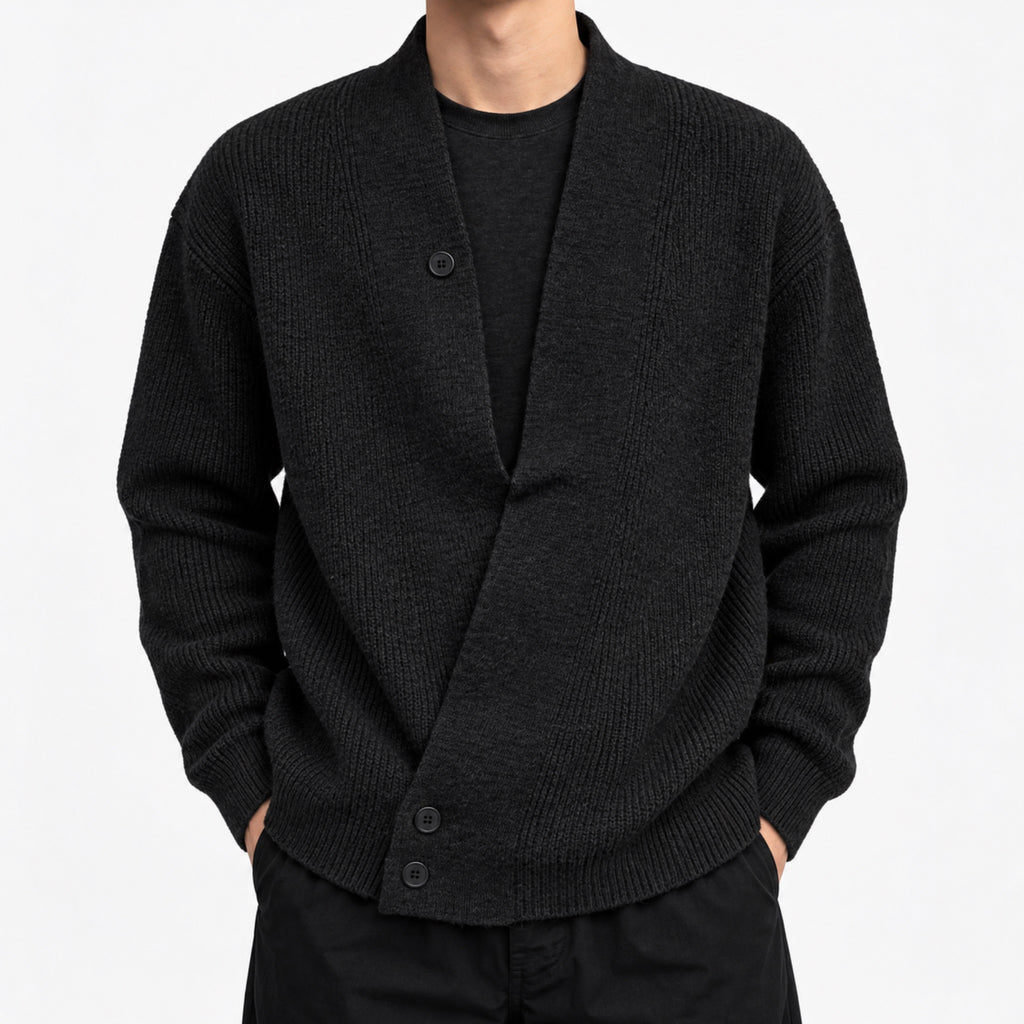 Men's Relaxed Crossover V-Neck Knit Cardigan in black - worn view