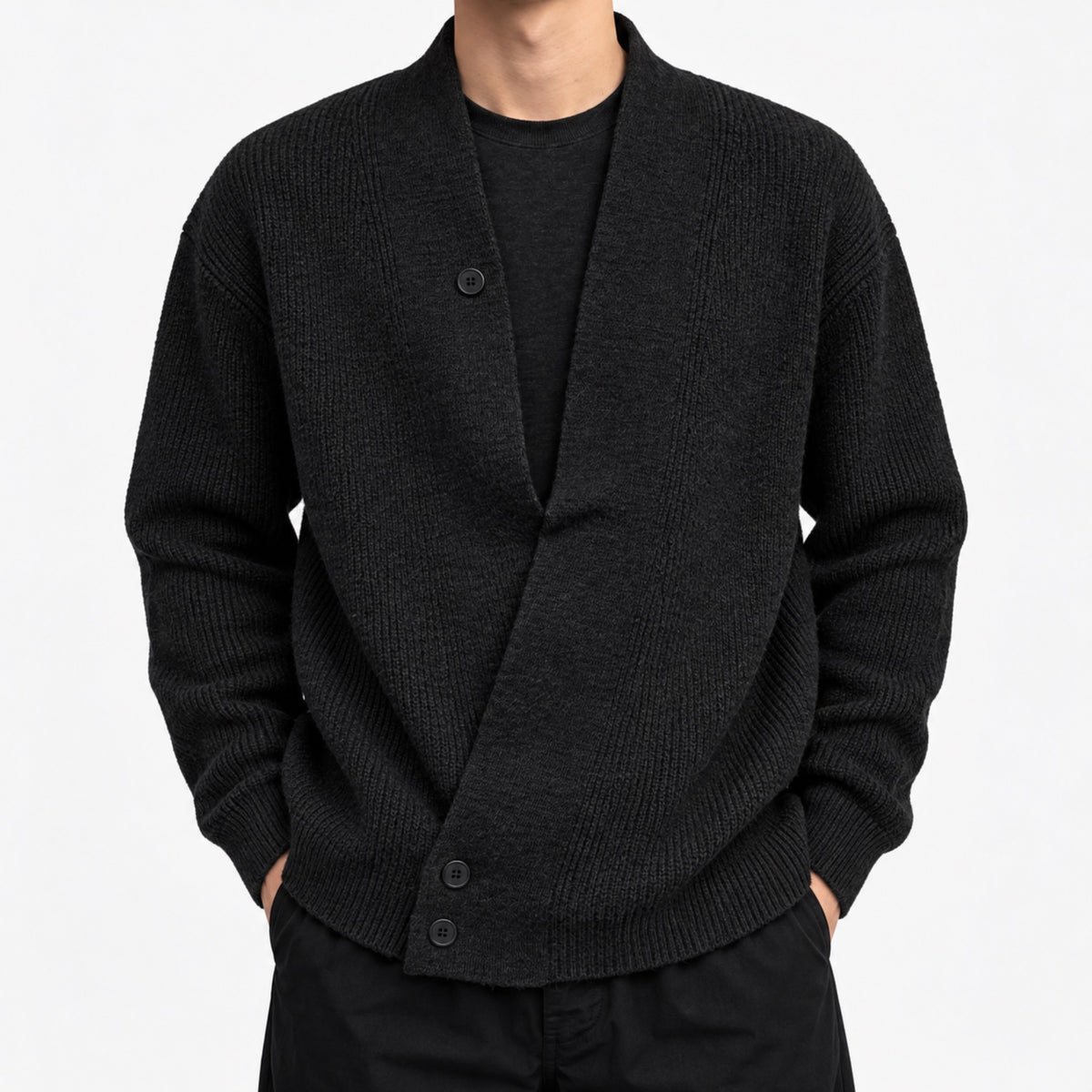 Men's Relaxed Crossover V-Neck Knit Cardigan in black - worn view