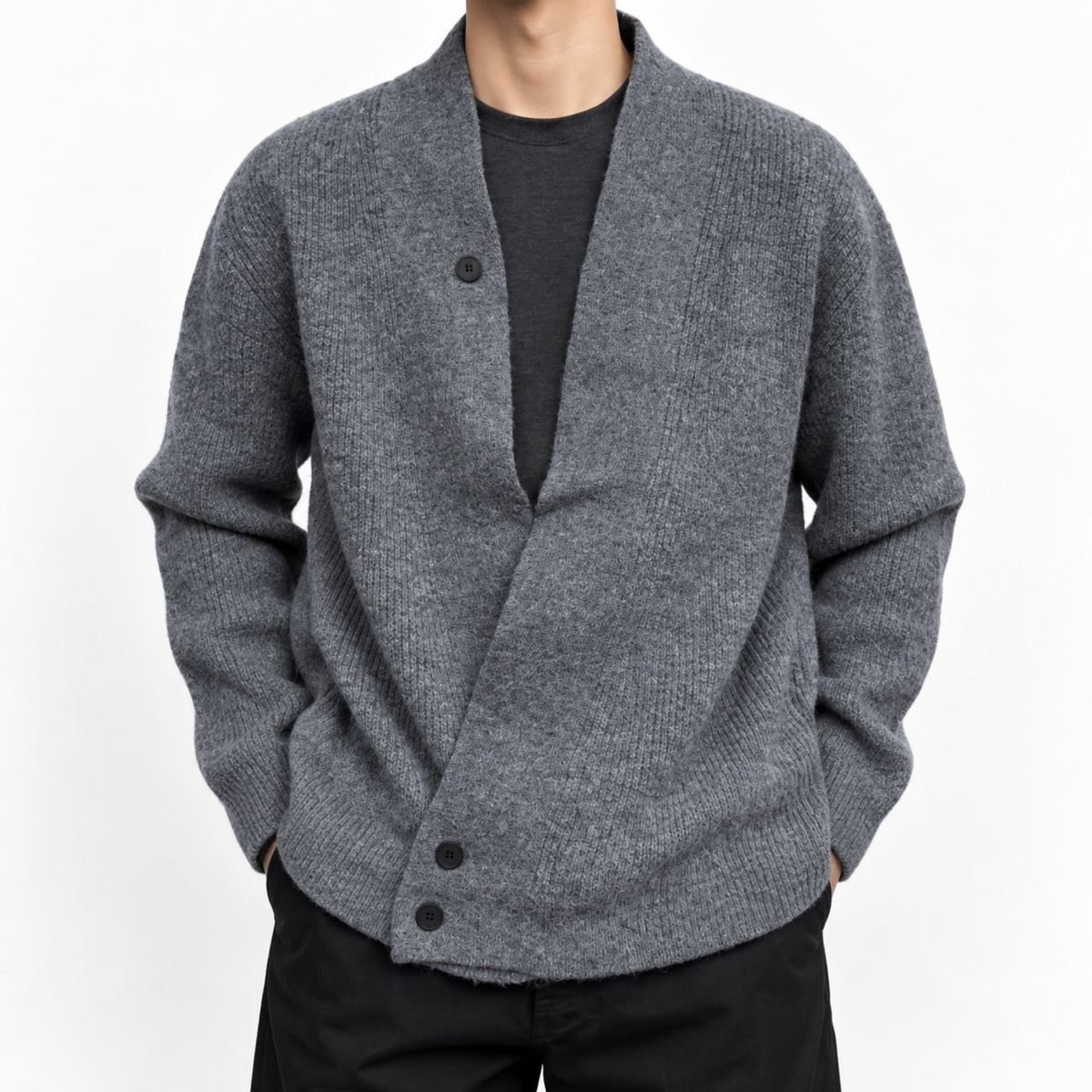 Men's Relaxed Crossover V-Neck Knit Cardigan in gray - worn view
