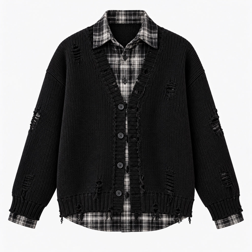 Men's Layered Plaid-Collar Casual Jacket in black - product view