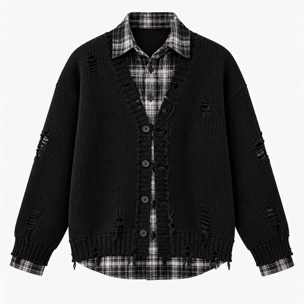 Men's Layered Plaid-Collar Casual Jacket in black - product view