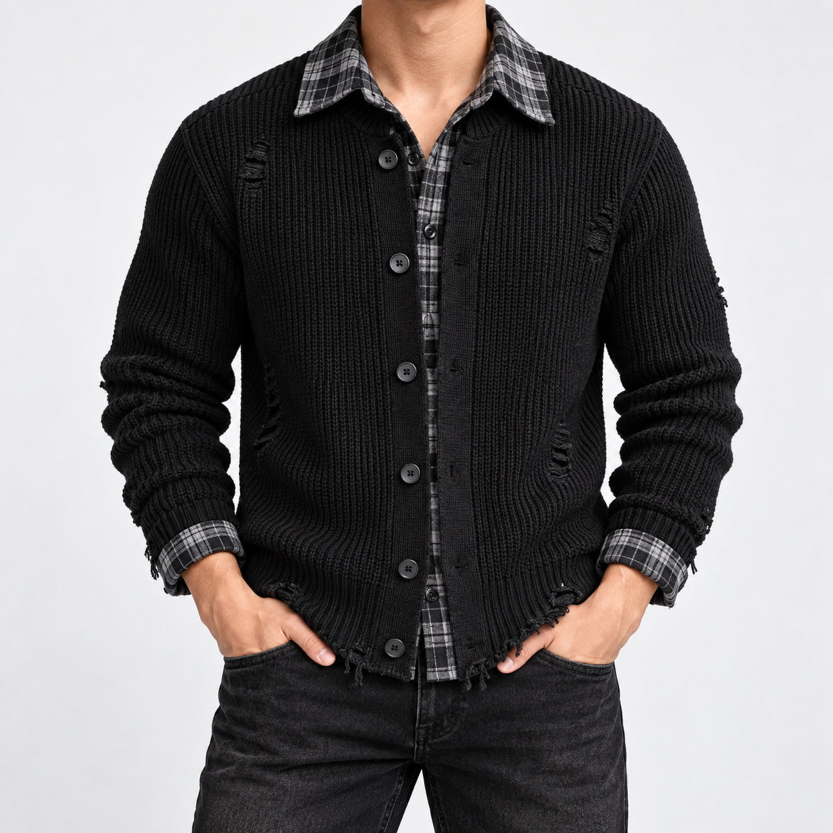 Men's Layered Plaid-Collar Casual Jacket in black - worn view