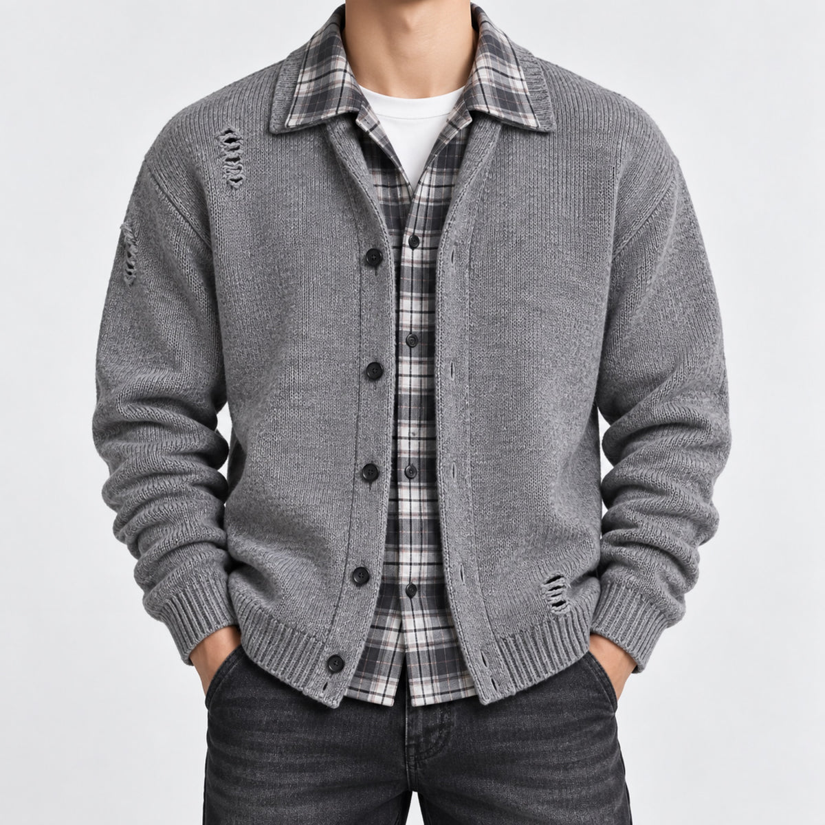 Men's Layered Plaid-Collar Casual Jacket in gray - worn view