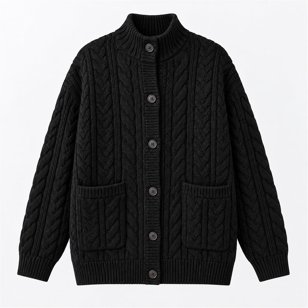 Men's Cable-Knit Stand-Collar Zip Cardigan in black - product view