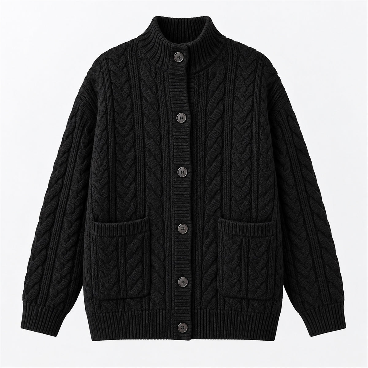 Men's Cable-Knit Stand-Collar Zip Cardigan in black - product view