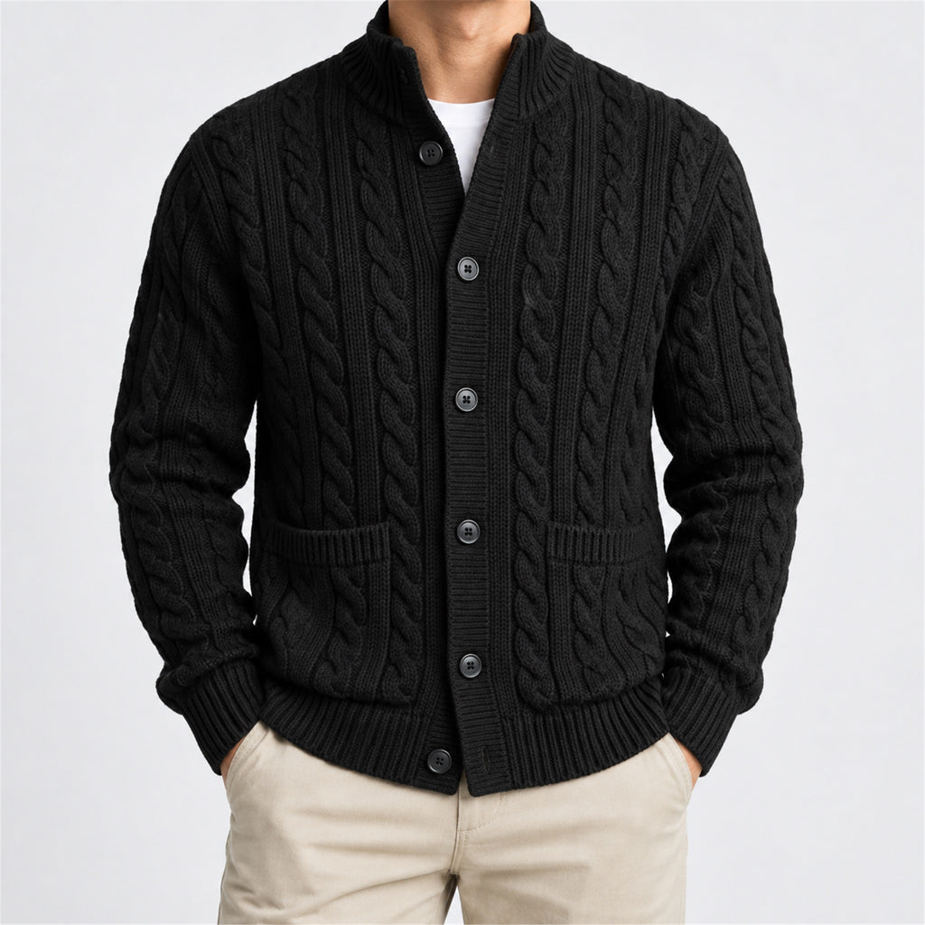 Men's Cable-Knit Stand-Collar Zip Cardigan in black - worn view