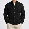 Men's Cable-Knit Stand-Collar Zip Cardigan in black - worn view