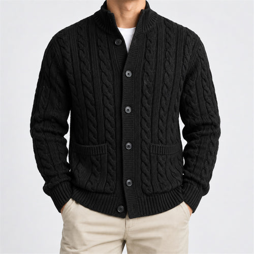 Men's Cable-Knit Stand-Collar Zip Cardigan in black - worn view