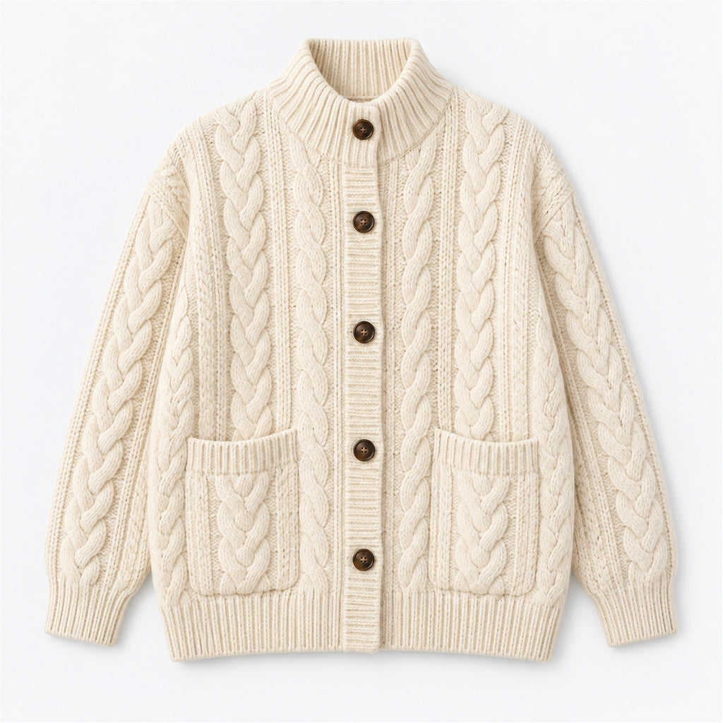 Men's Cable-Knit Stand-Collar Zip Cardigan in cream - product view
