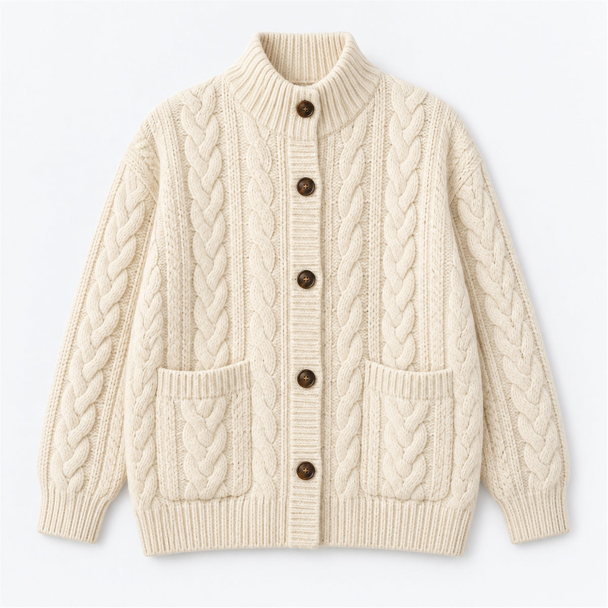 Men's Cable-Knit Stand-Collar Zip Cardigan in cream - product view