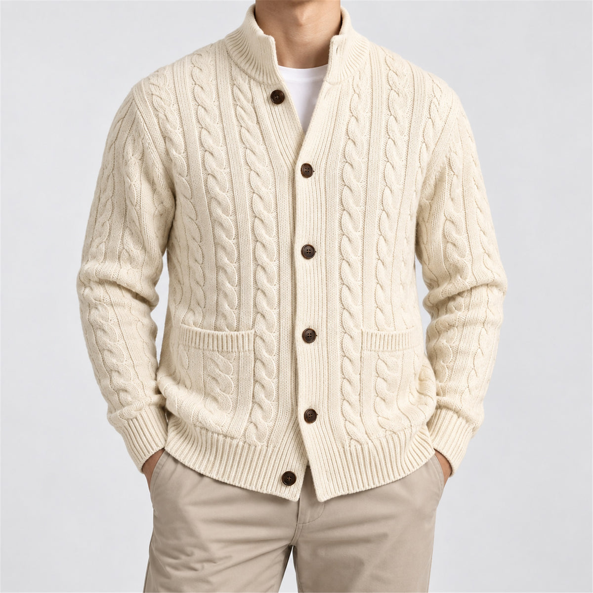 Men's Cable-Knit Stand-Collar Zip Cardigan in cream - worn view