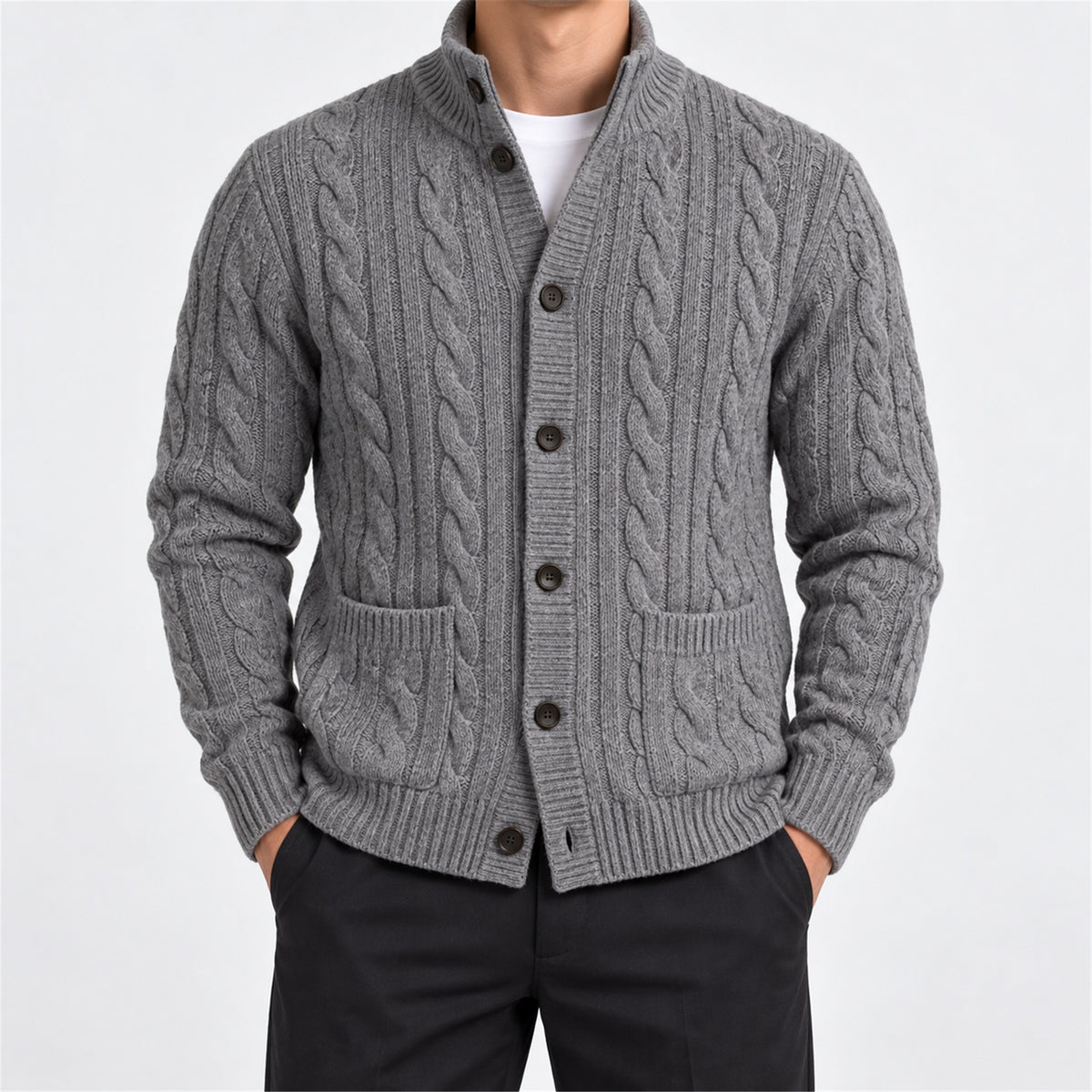 Men's Cable-Knit Stand-Collar Zip Cardigan in gray - worn view