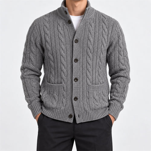 Men's Cable-Knit Stand-Collar Zip Cardigan in gray - worn view