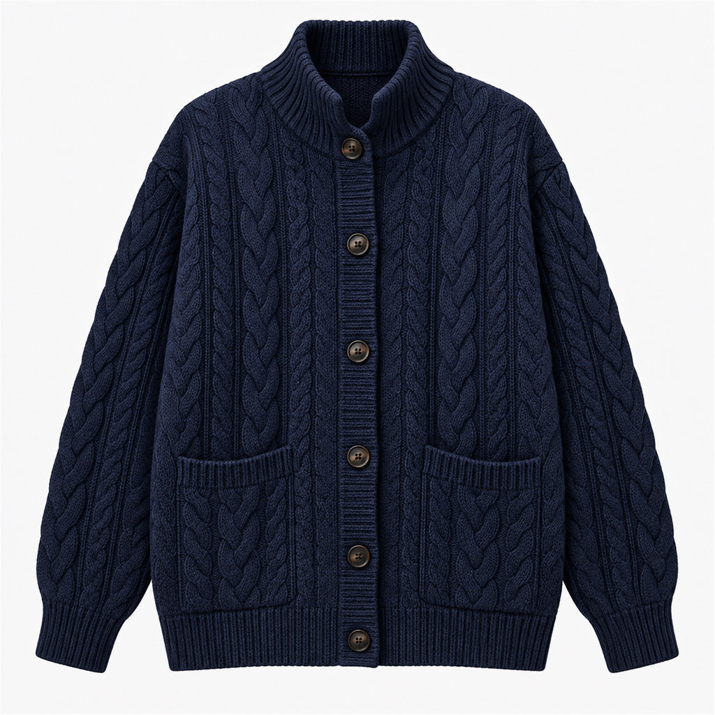 Men's Cable-Knit Stand-Collar Zip Cardigan in navy - product view