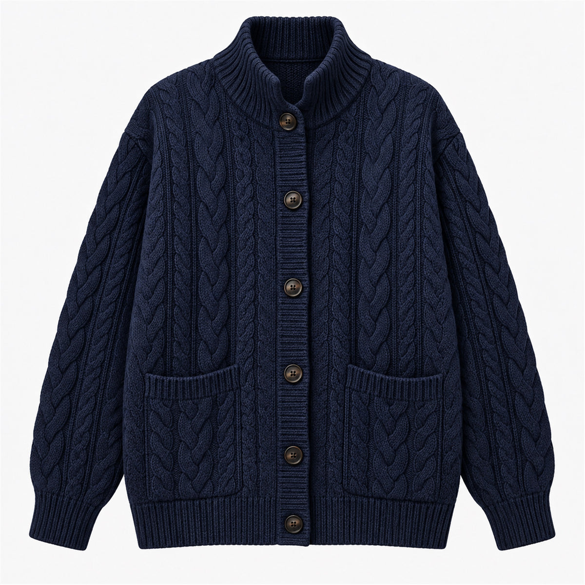 Men's Cable-Knit Stand-Collar Zip Cardigan in navy - product view