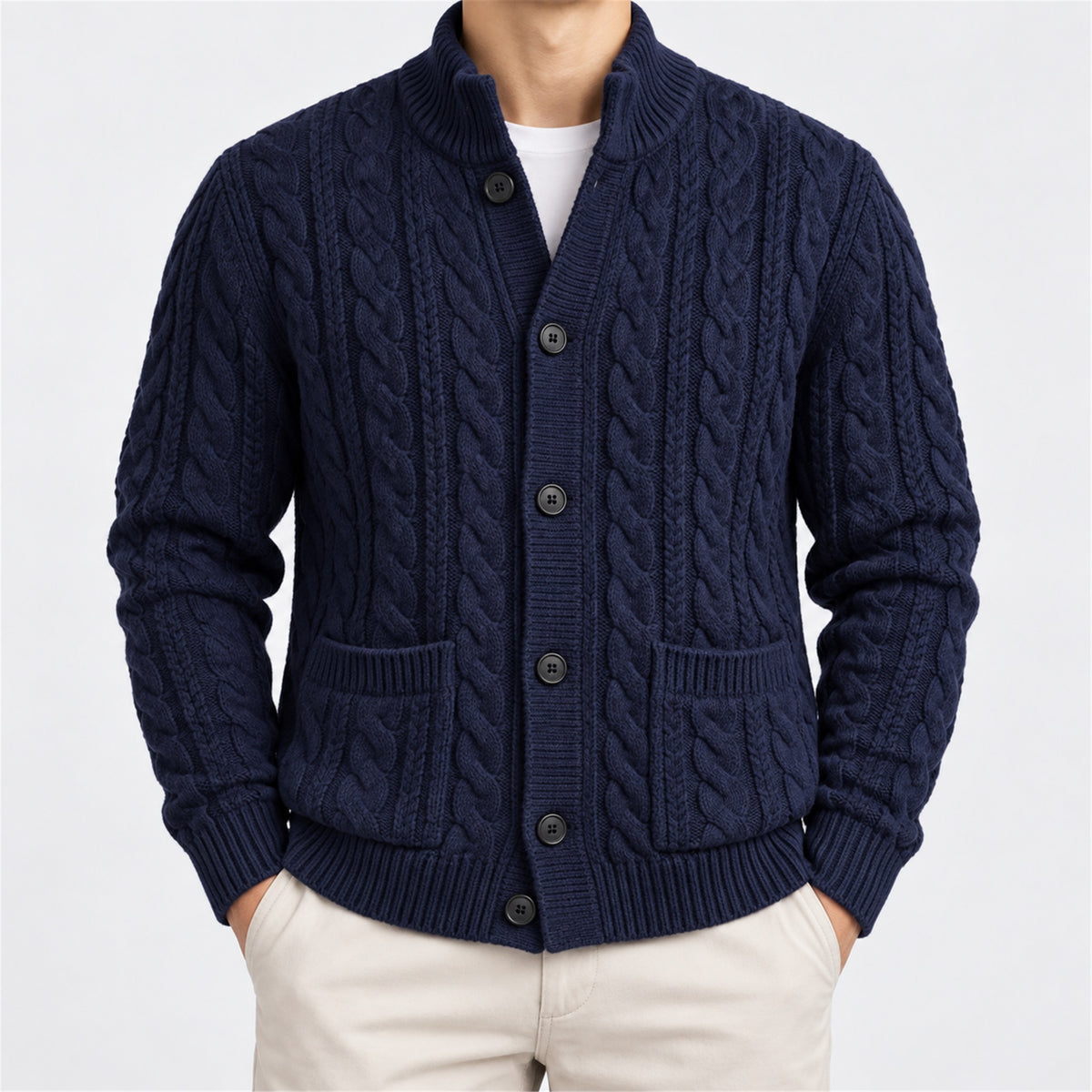 Men's Cable-Knit Stand-Collar Zip Cardigan in navy - worn view