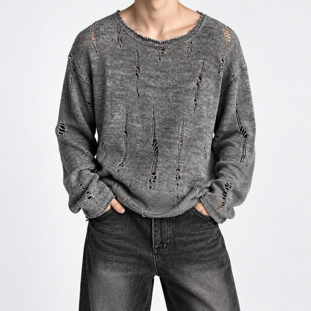 Men's Distressed Open-Knit Long-Sleeve Sweater in black - worn view