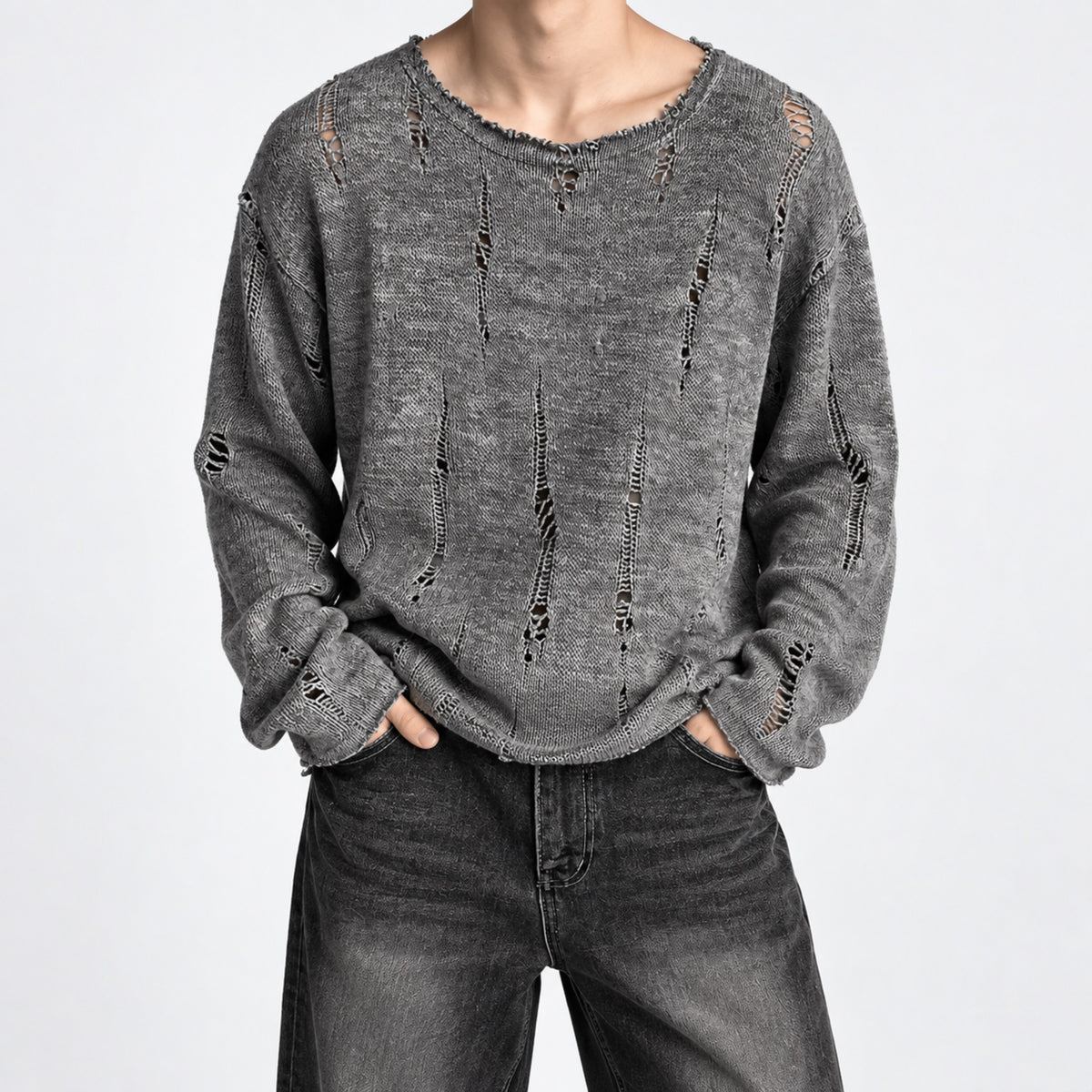 Men's Distressed Open-Knit Long-Sleeve Sweater in black - worn view