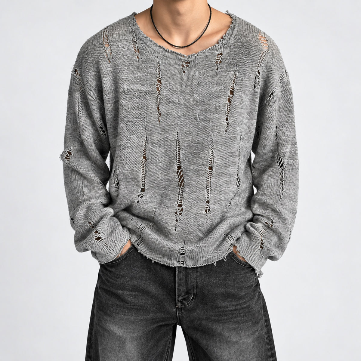 Men's Distressed Open-Knit Long-Sleeve Sweater in gray - worn view