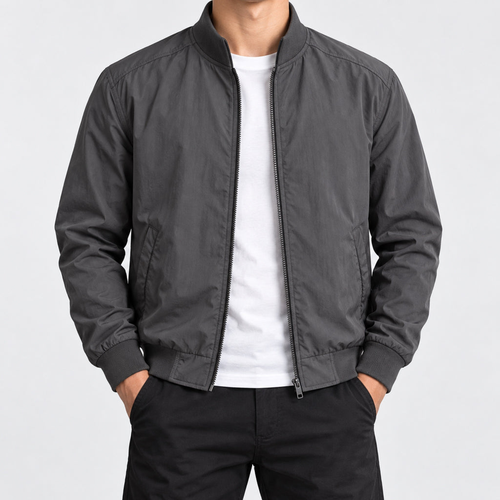 Men's Stand-Collar Workwear Bomber Jacket in gray - worn view