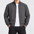 Men's Stand-Collar Workwear Bomber Jacket in gray - worn view