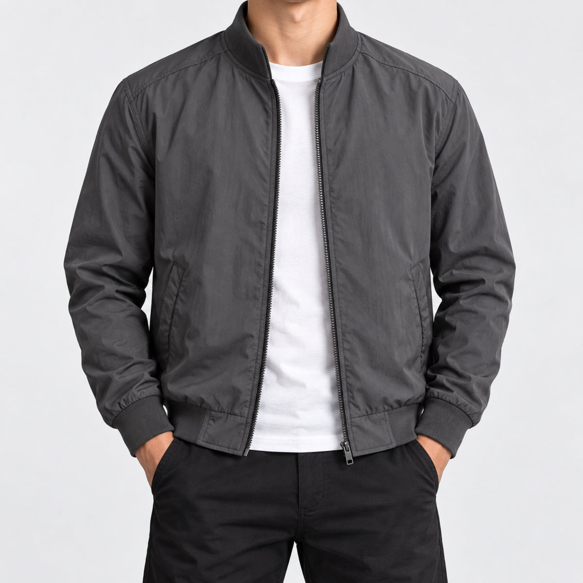 Men's Stand-Collar Workwear Bomber Jacket in gray - worn view