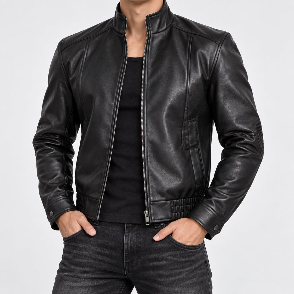 Men's Cropped Faux Leather Moto Jacket in black - worn view