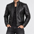 Men's Cropped Faux Leather Moto Jacket in black - worn view