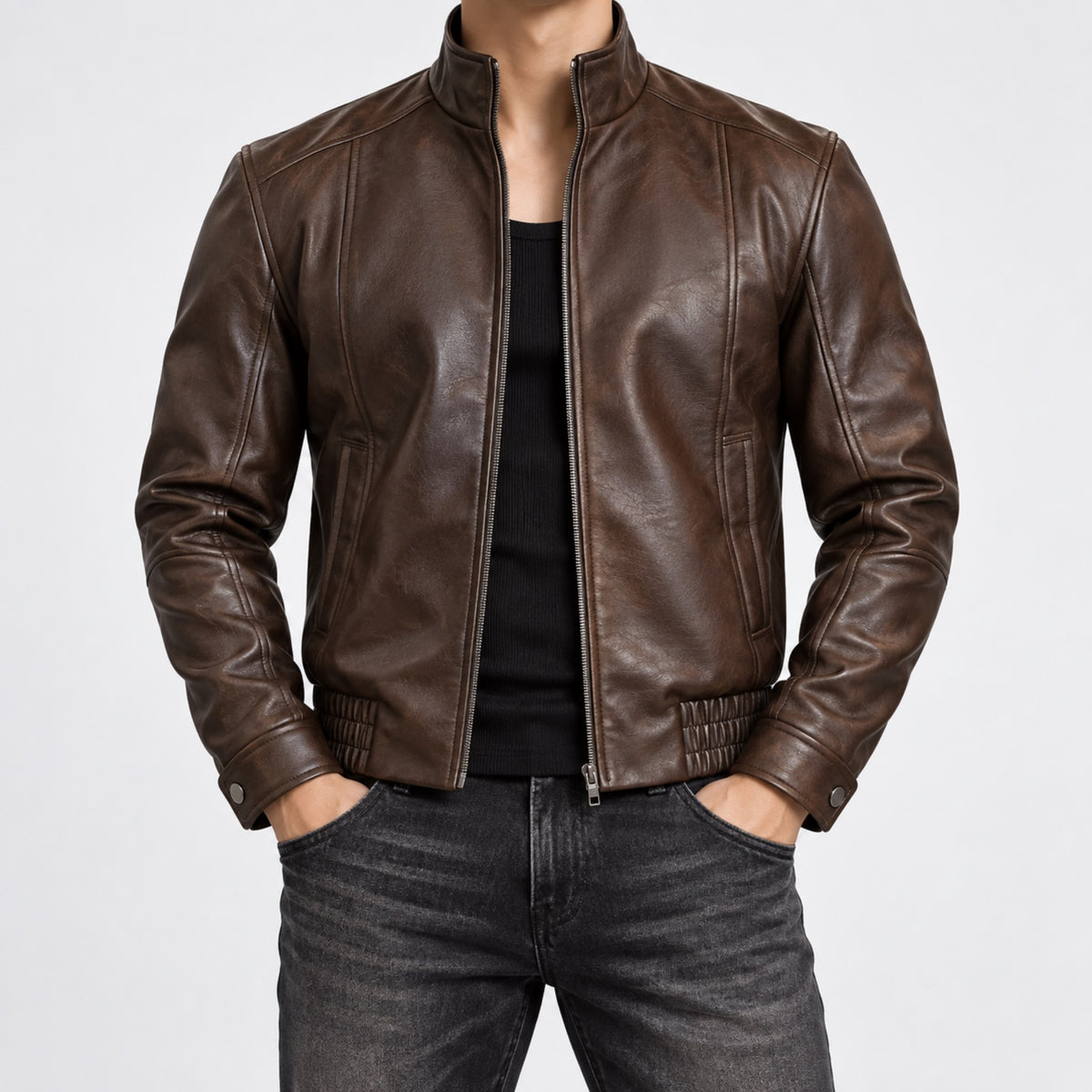Men's Cropped Faux Leather Moto Jacket in brown - worn view