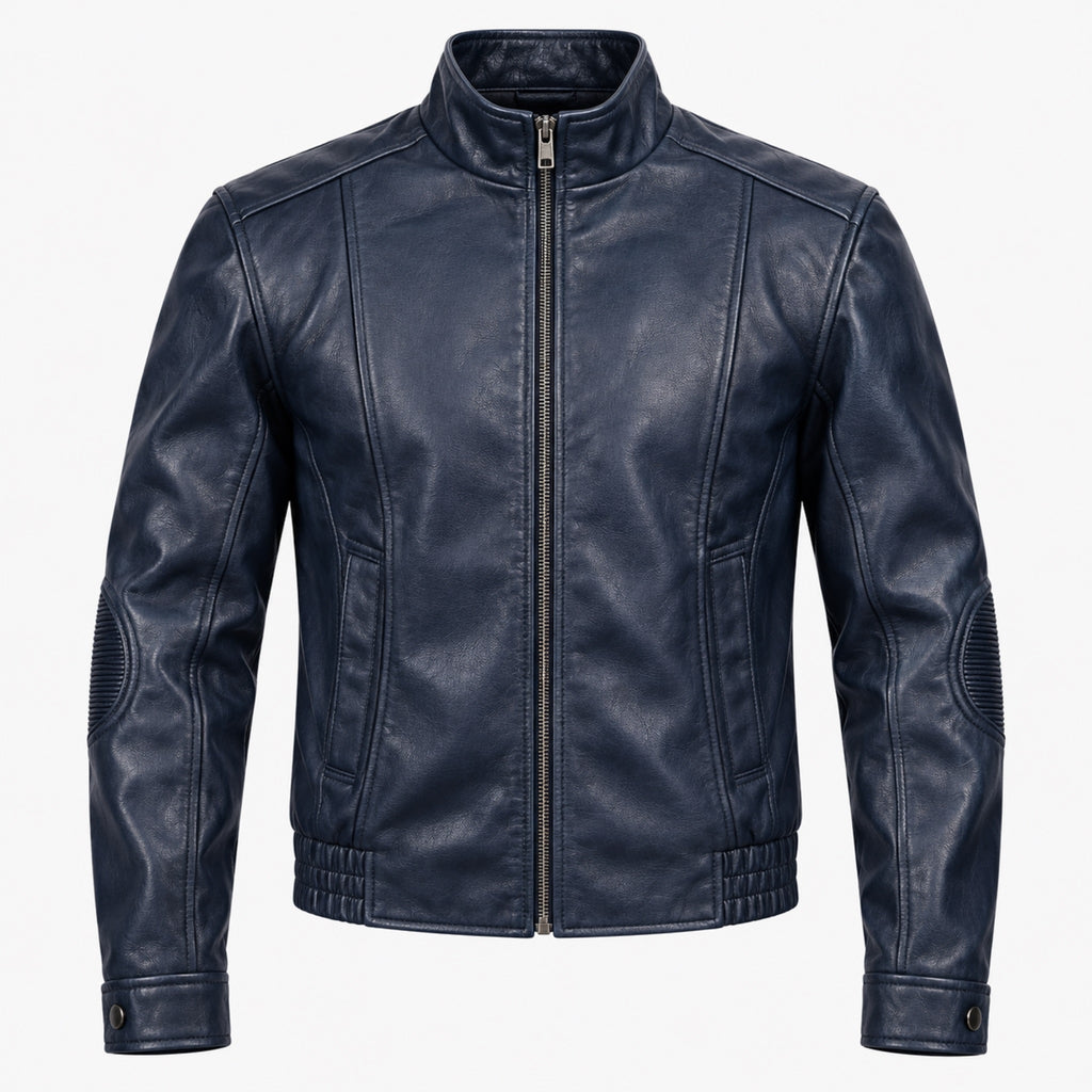 Men's Cropped Faux Leather Moto Jacket in navy - product view