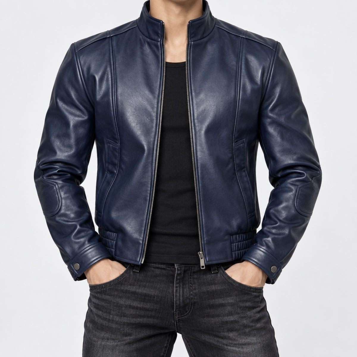 Men's Cropped Faux Leather Moto Jacket in navy - worn view