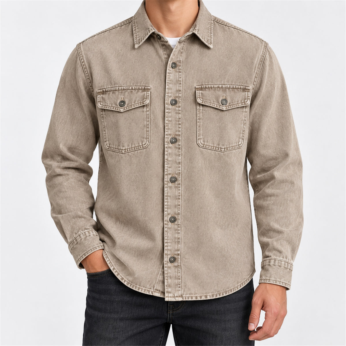 Men's Washed Denim Casual Shirt Jacket in beige - worn view