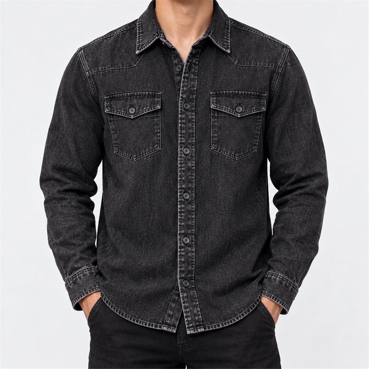 Men's Washed Denim Casual Shirt Jacket in black - worn view