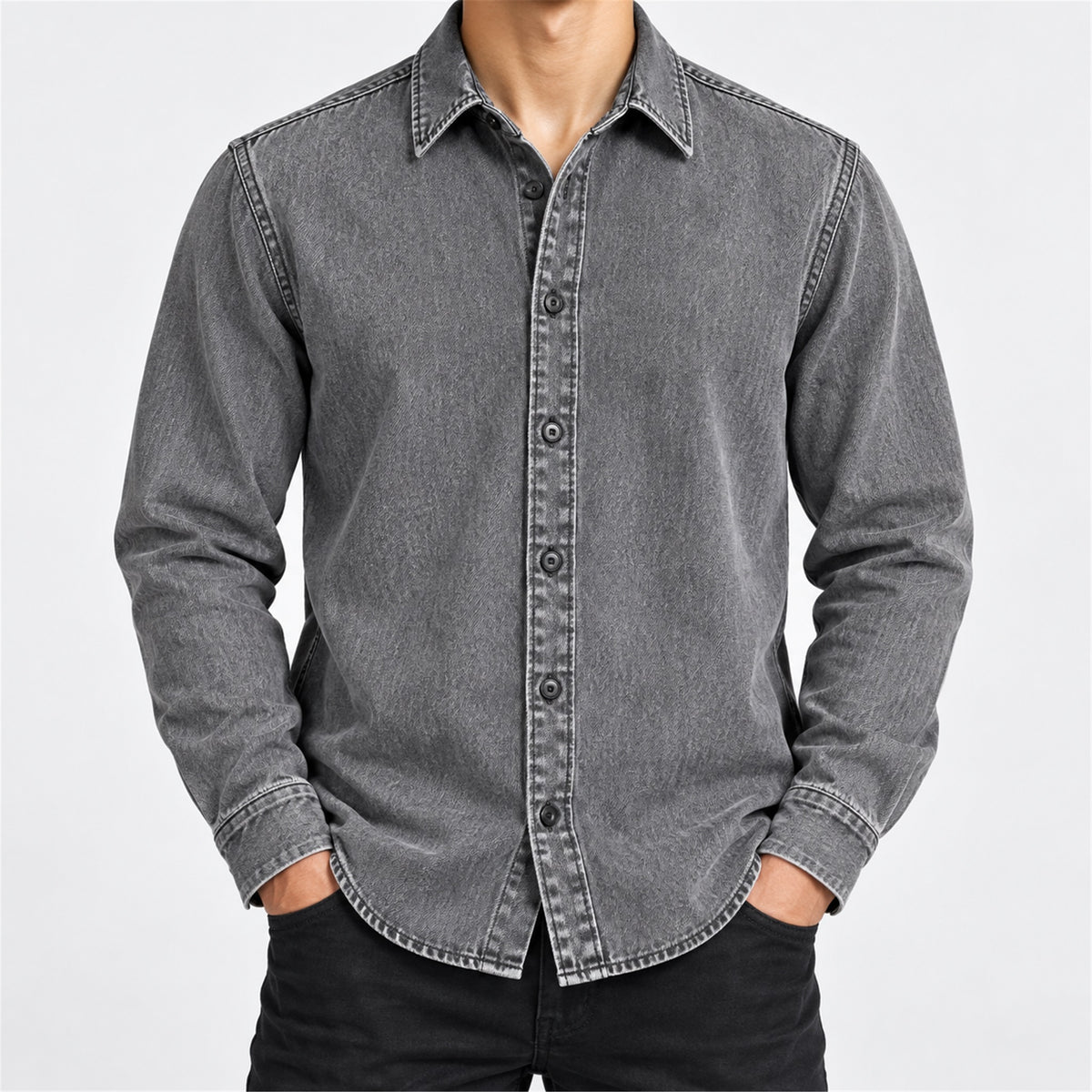 Men's Washed Denim Casual Shirt Jacket in gray - worn view