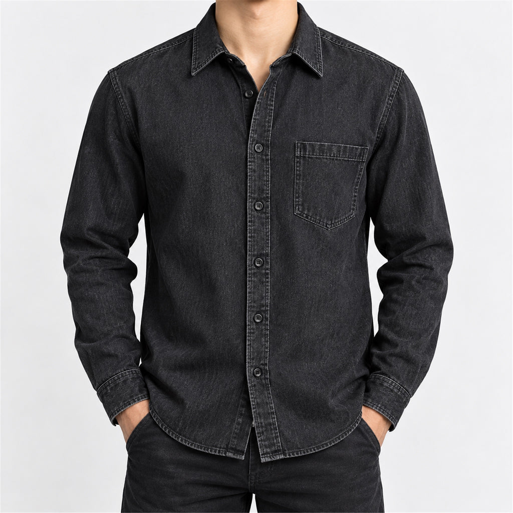 Men's Single-Pocket Denim Work Shirt in black - worn view