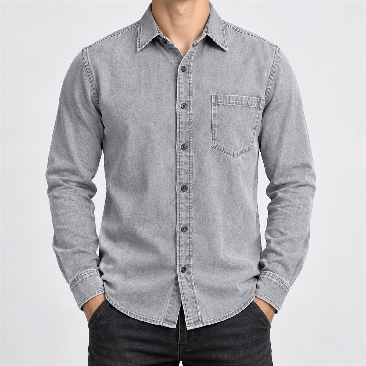 Men's Single-Pocket Denim Work Shirt in light gray - worn view
