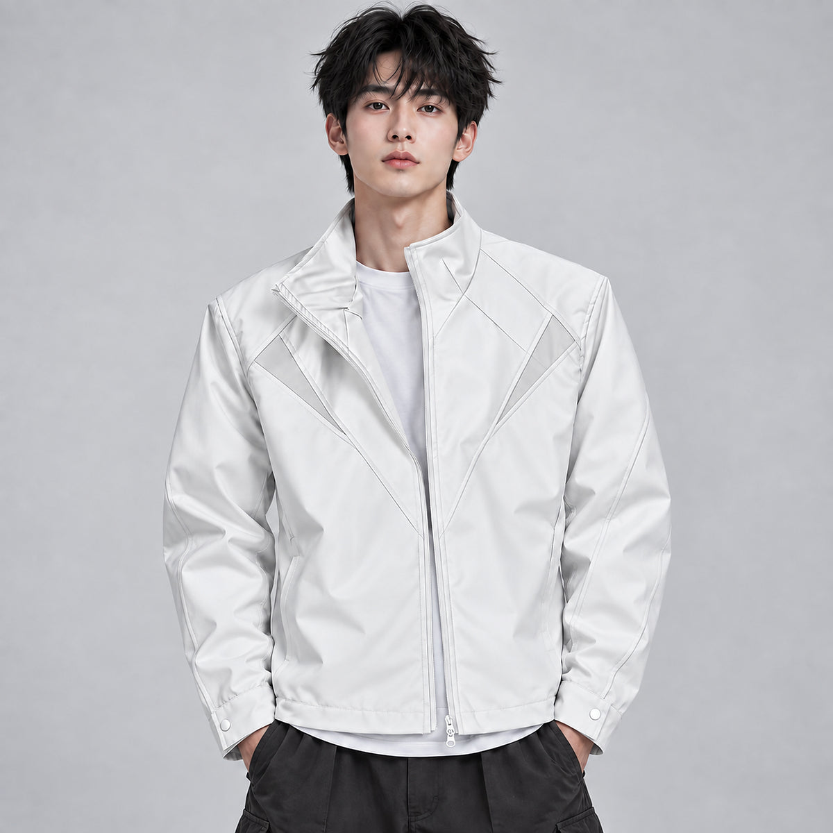Men's Deconstructed Stand-Collar Boxy Jacket in white - worn view