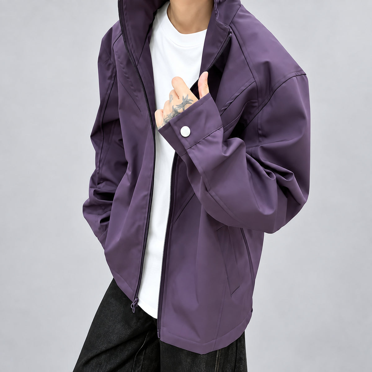 Men's Deconstructed Stand-Collar Boxy Jacket in purple - worn view