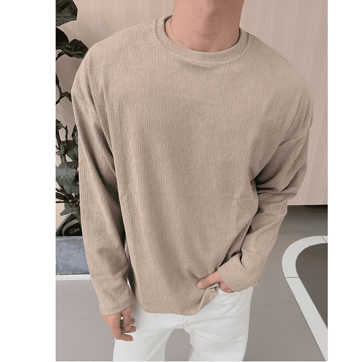 Men's Textured Relaxed Long-Sleeve T-Shirt in beige - worn view