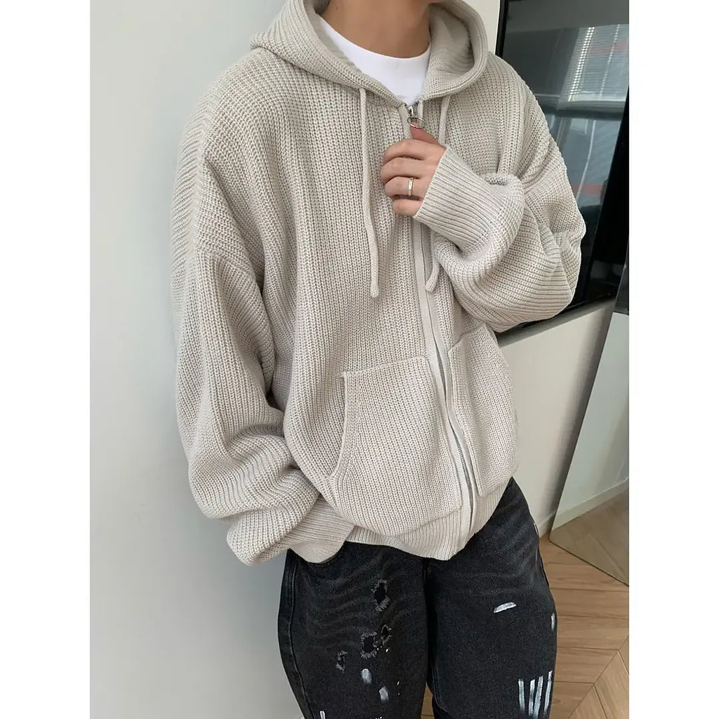 Men's Chunky-Knit Hooded Zip Cardigan in light gray - worn view