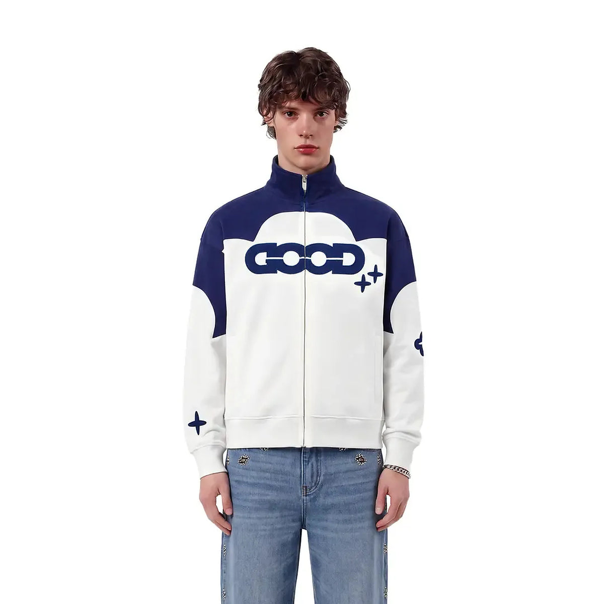 Men's Colorblock Floral-Appliqué Track Jacket in blue - worn view