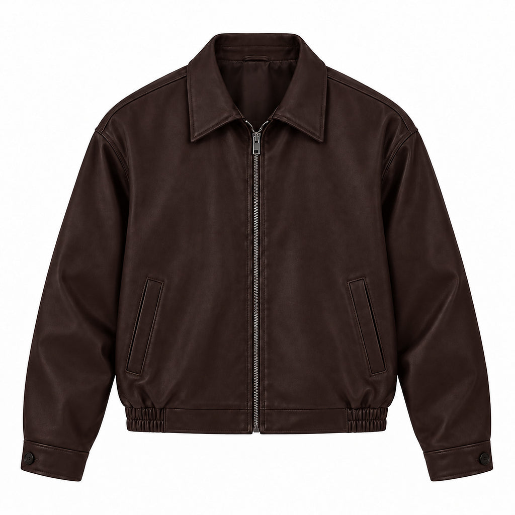 Men's PU Leather Harrington Jacket in brown - product view